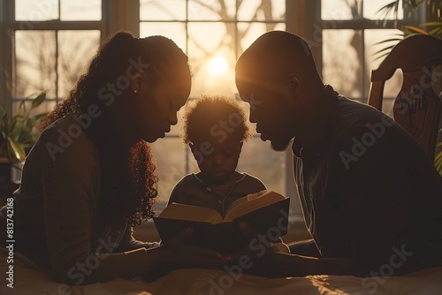 This touching image captures a family in a moment of prayerful reflection, kneeling together with an open Bible nearby. The scene radiates reverence, love, and unity as the family seeks spiritual guid