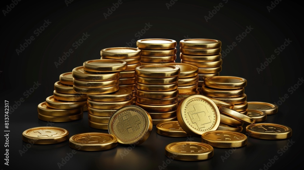 Stack of gold coins rendered in 3D with realistic details, isolated on a black background. Illustration also contains a bank deposit icon, a tax icon, a savings account icon, and a cryptocurrency Stack of gold coins rendered in 3D with realistic details, isolated on a black background. Illustration also contains a bank deposit icon, a tax icon, a savings account icon, and a cryptocurrency