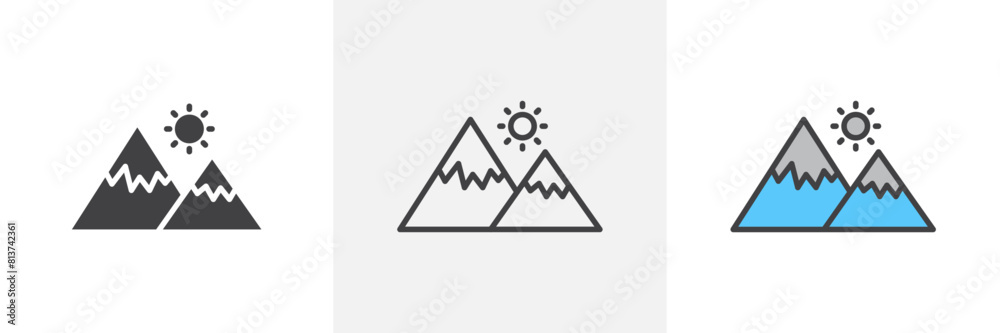 Mountains Icon Set. Vector Icons for High Terrain and Hills.