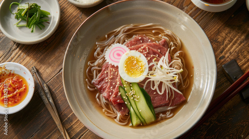an image of a bowl of cold and refreshing naengmyeon (cold buckwheat noodles) served in a chilled broth on a wooden table, topped with thinly sliced beef, pickled radish, and a hard-boiled egg.