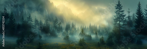Misty Morning in Alpine Meadows: A mystical dawn with emerging sunlight casting an enchanting veil over fog covered meadows Photo Realistic Concept