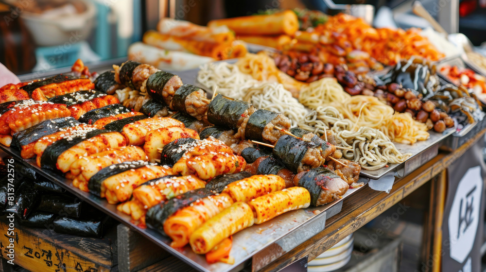 an image of a colorful array of Korean street food displayed on a wooden cart, including (spicy rice cakes),and capturing the vibrant atmosphere 