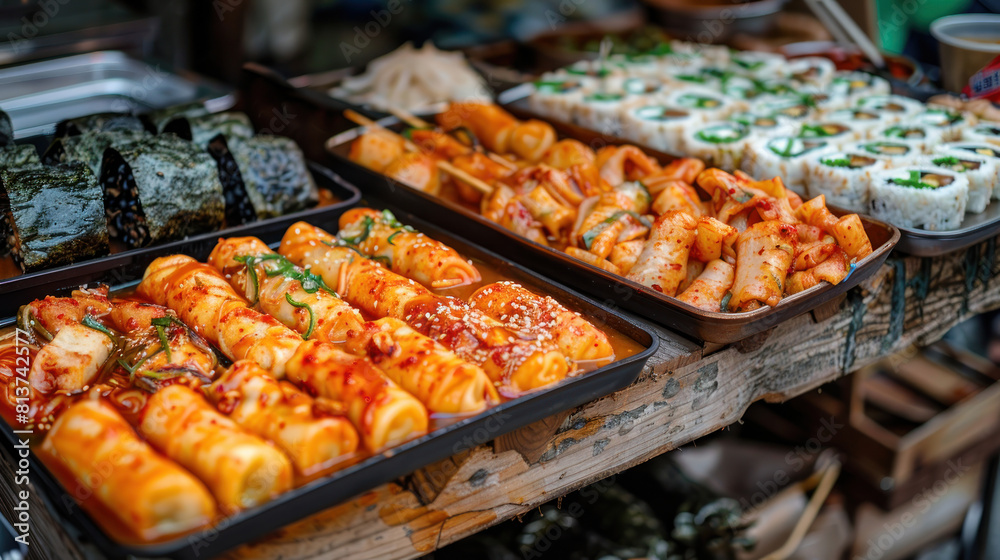 Obraz premium an image of a colorful array of Korean street food displayed on a wooden cart, including (spicy rice cakes),and capturing the vibrant atmosphere 