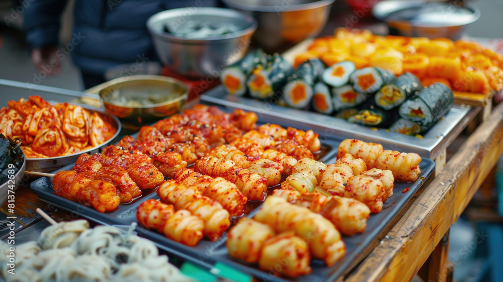 an image of a colorful array of Korean street food displayed on a wooden cart, including (spicy rice cakes),  (sweet pancakes), and  (seaweed rice rolls), capturing the vibrant atmosphere 