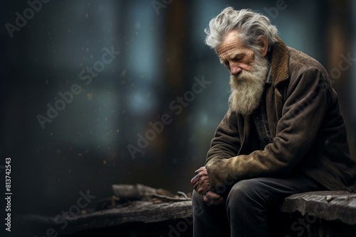 Thoughtful senior man with a white beard sitting on a wooden bench, lost in introspection