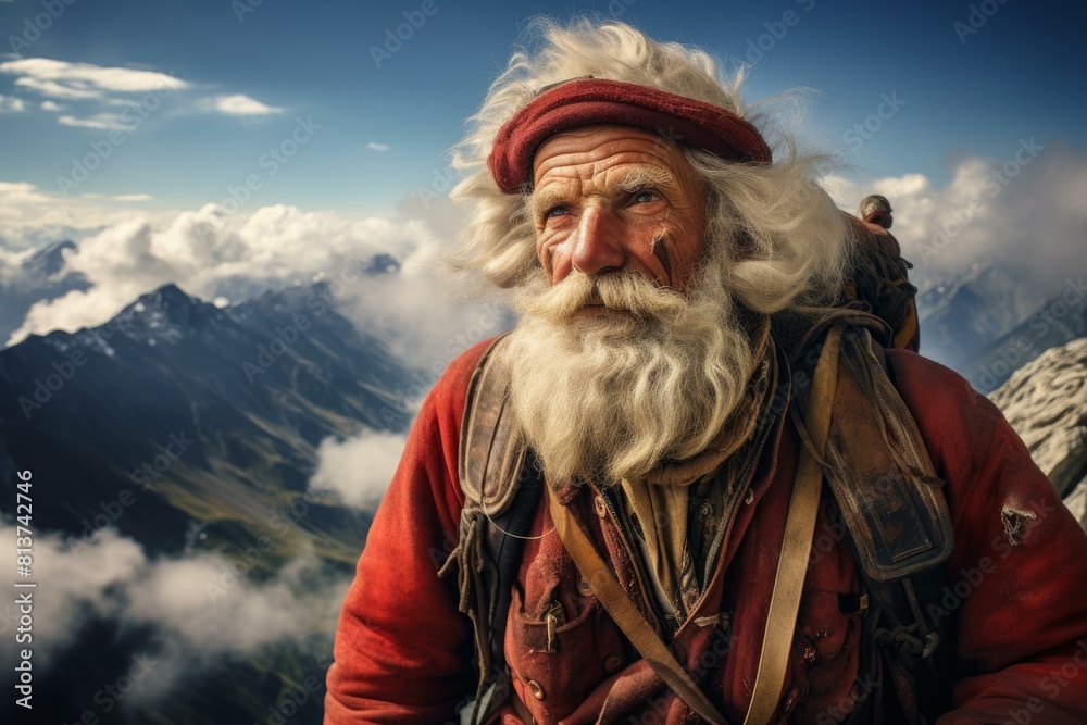 Elderly, bearded man in explorer attire looks thoughtfully at the camera against a backdrop of mountaintops and clouds
