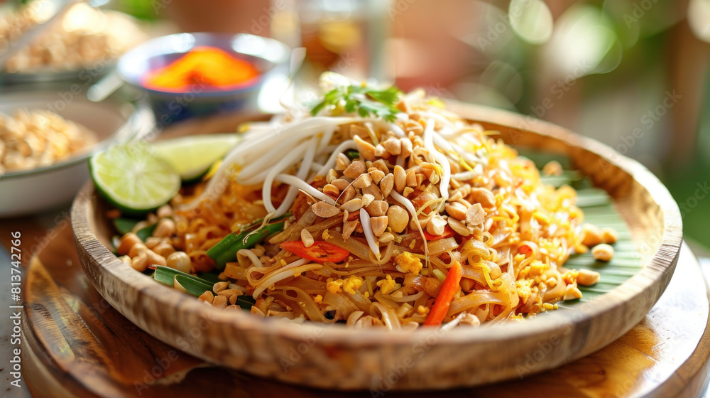 an image of a colorful plate of Pad Thai served on a wooden platter, garnished with crushed peanuts, lime wedges, and fresh bean sprouts, capturing the essence of Thailand's most iconic dish. an image of a colorful plate of Pad Thai served on a wooden platter, garnished with crushed peanuts, lime wedges, and fresh bean sprouts, capturing the essence of Thailand's most iconic dish.