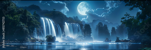 Moonlit Waterfall Romance A waterfall under the gentle lunar glow, offering a shimmering and romantic backdrop in this photo realistic concept of peaceful serenity.