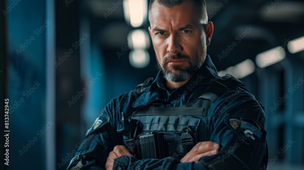 Photograph of a police officer looking at the camera with crossed arms. The officer is responsible for maintaining public order and safety, enforcing the law, preventing and investigating criminal Photograph of a police officer looking at the camera with crossed arms. The officer is responsible for maintaining public order and safety, enforcing the law, preventing and investigating criminal