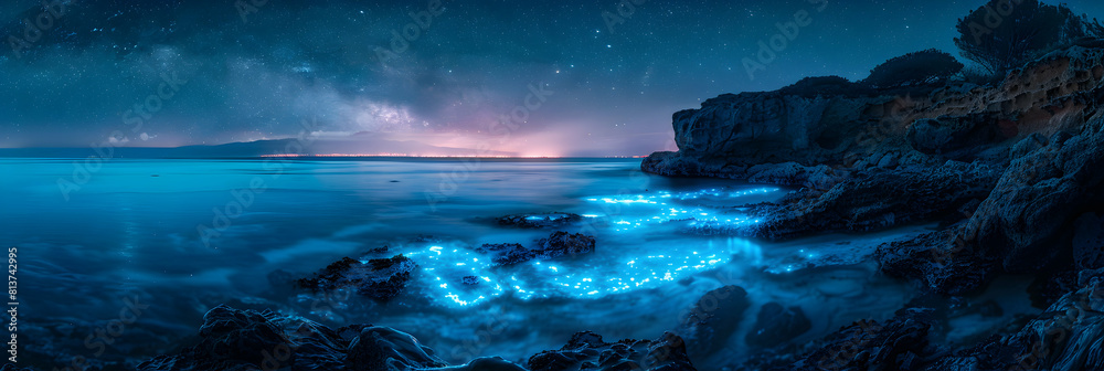 Shimmering Tide Pools at Night: Bioluminescent Algae Illuminates Coastal Marine Life
