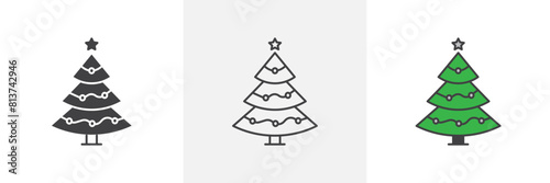 Christmas Tree vector icon set. Festive evergreen tree symbol. Seasonal decoration icon.