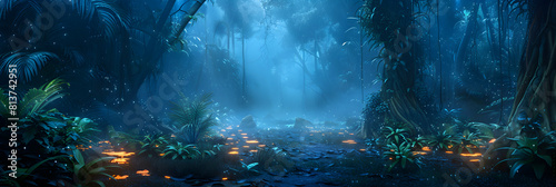Enchanting Nightfall in the Tropical Rainforest: Mysterious  Vibrant Bioluminescent Fungi Illuminate the Jungle photo