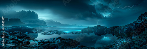 Nighttime Glow: Bioluminescent Tide Pools Illuminating Marine Life Along the Coast | Stock Photo Concept