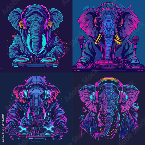 Design collection of elephants as Discjockeys, vector with editable layers photo