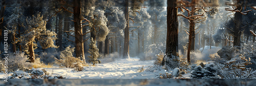 Snow Blanketing Ancient Trees: Photo Realistic Old Growth Forest in Winter Capturing Stark Contrast and Enduring Green Elegance