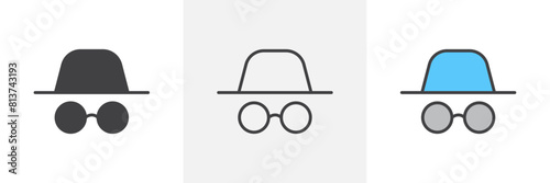 Incognito icon set. Stealthy agent with hat. Private browsing vector symbol. Hidden spy sign. Criminal figure icon. Fraudulent person symbol.