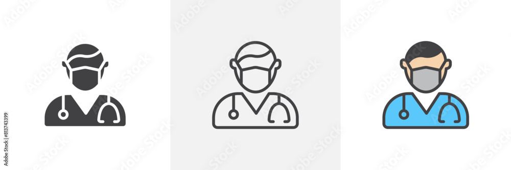 Doctor icon set. Medical practitioner vector symbol. Surgeon with stethoscope sign. Health consultant icon.