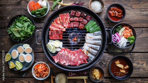 an image of a yakiniku (Japanese BBQ) spread on a tabletop grill set on a wooden surface, with marinated slices of beef, pork, and vegetables sizzling away, accompanied by dipping sauces and kimchi.