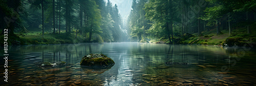 Tranquil River Reflections: A Photorealistic Depiction of Old Growth Forest Trees Mirrored in Still Waters