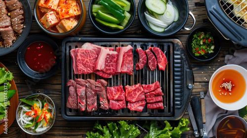 an image of a yakiniku (Japanese BBQ) spread on a tabletop grill set on a wooden surface, with marinated slices of beef, pork, and vegetables sizzling away, accompanied by dipping sauces and kimchi.