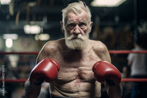 Elderly muscular man with boxing gloves, showing strength and focus in a gym setting © juliars