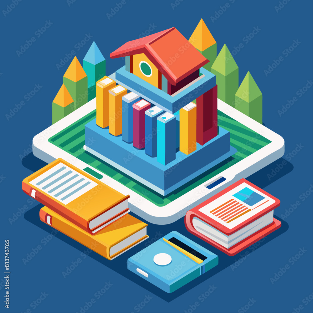 Digital library on tablet screen. Access to online education and e-books. Knowledge at fingertips. Low poly vector illustration with 3D effect on scholarly background. Digital library on tablet screen. Access to online education and e-books. Knowledge at fingertips. Low poly vector illustration with 3D effect on scholarly background.