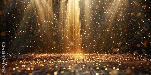 A golden confetti rain on festival stage with a big space for text or product advertisement background, Generative AI.