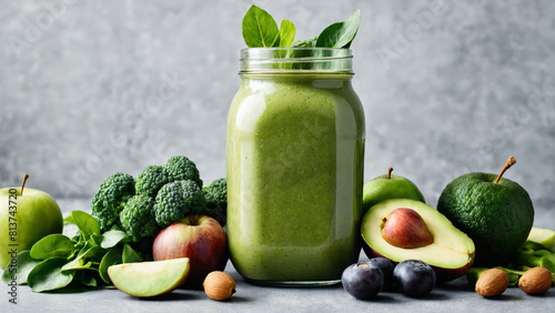 Green smoothie in jar with ingredients on gray background