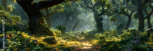A winding path through an old growth forest, encapsulating the tranquil beauty of towering ancient trees Photo realistic concept