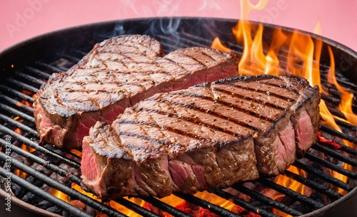 Steaks cooking over flames on barbecue grill