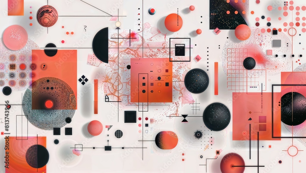 Vibrant abstract design featuring red, orange, black, and white circular shapes, geometrical forms, planetary objects, and intricate patterns, evoking cosmic themes with a retro, sci-fi vibe. Vibrant abstract design featuring red, orange, black, and white circular shapes, geometrical forms, planetary objects, and intricate patterns, evoking cosmic themes with a retro, sci-fi vibe.
