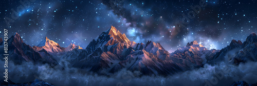 Snowy Mountains under Starry Skies: Captivating Nocturnal Landscape merging Snow with the Cosmos photo