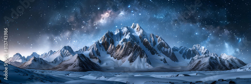 Snow capped mountains under starry skies create a breathtaking nocturnal landscape where snow meets the cosmos   Photo realistic Peaks Under Starry Skies concept photo