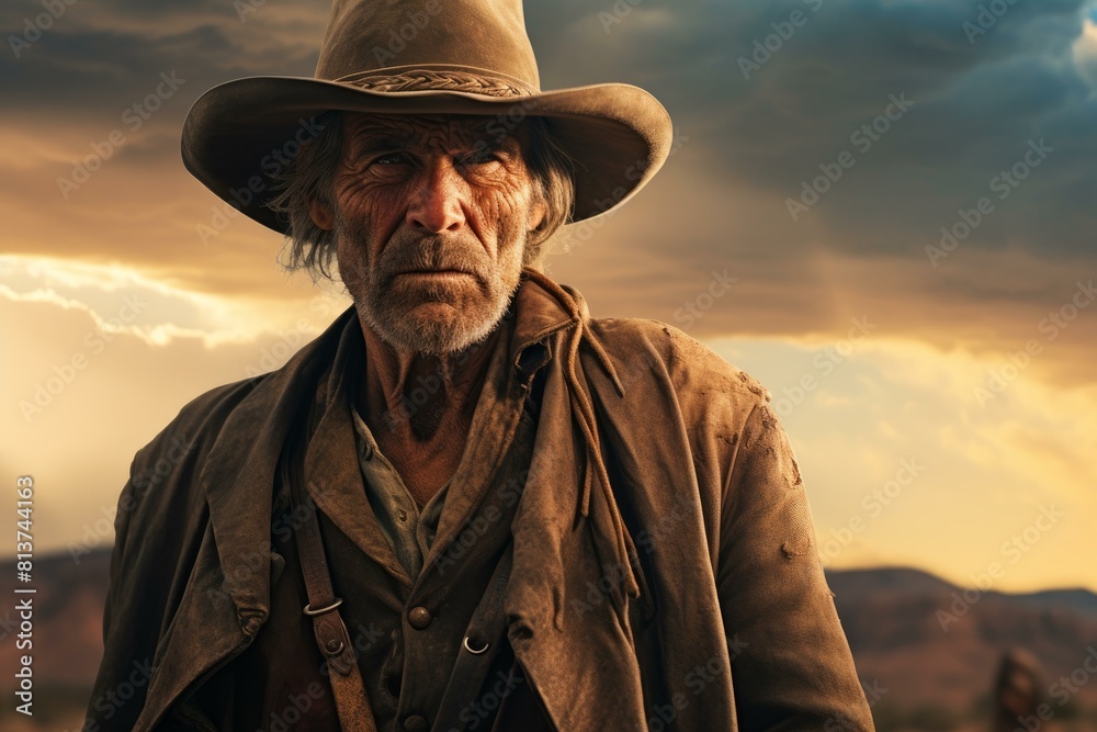 Close-up of a weathered cowboy in traditional attire against a dramatic sunset sky