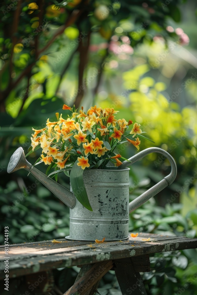 watering can and flowers in the garden. selective focus watering can and flowers in the garden. selective focus
