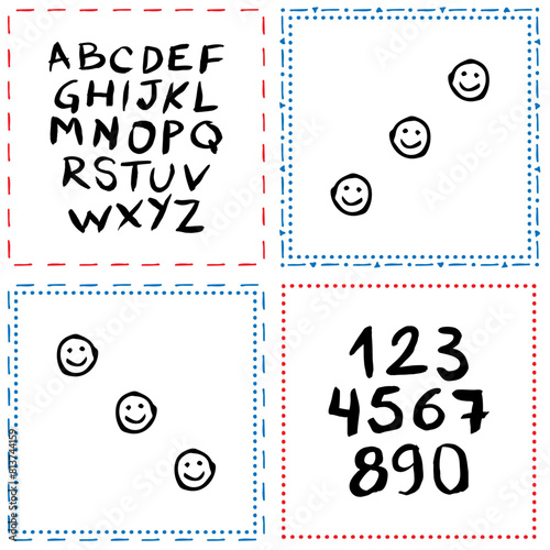 Hand-drawn vector frame. Alphabet from A to Z, smiling emoji. Resources for graphic design, creative pieces for social media. ABC, handwritten typography, numbers and letters.