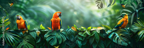Tropical Birds Perching in Rainforest Canopy: Vivid Colors Contrasting with Green Leaves � Photo Realistic Concept