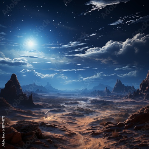 AI generated illustration of a desert landscape with sand dunes and a starry sky