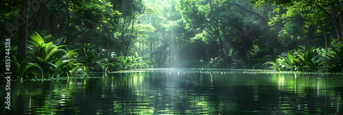 Serene Rainforest Lake Reflections  A Tropical Oasis with Green Lushness Reflecting in the Still Waters   Photo Realistic Concept