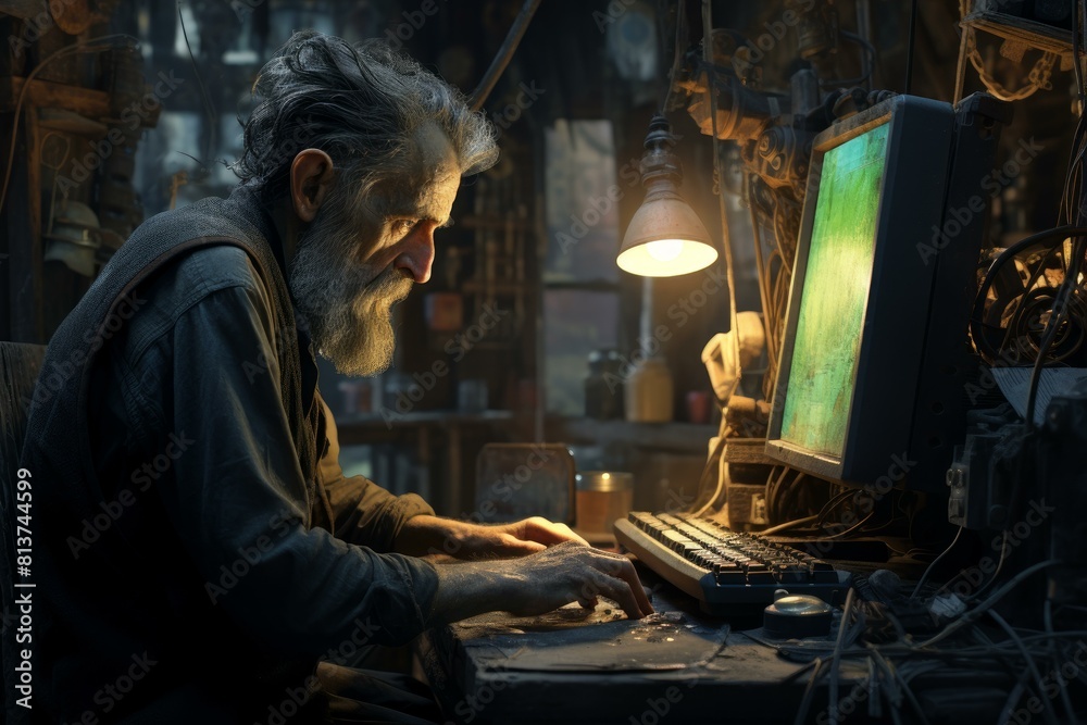 Fototapeta premium Senior man with a beard focuses intently on a computer screen in a dimly lit, cluttered workshop