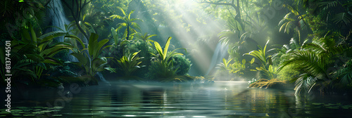 Tropical Rainforest Adventure: A River Journey Through Lush Foliage Photo Realistic Image Capturing Exploration and Beauty in Nature s Heart