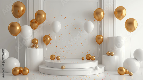 White podium with gold balloons. 3d rendering.
