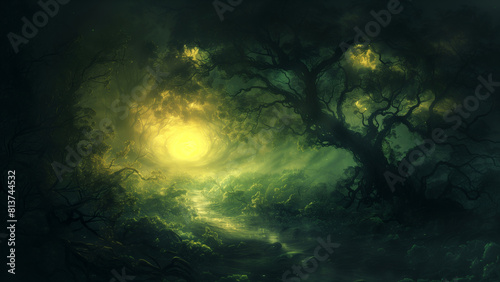 Mystical Forest Scene with Radiant Moonlight and Ethereal Glow  Perfect for Fantasy Book Covers 8K Wallpaper High-resolution