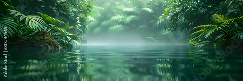 Photo realistic as Rainforest River Reflections concept: The calm waters of a rainforest river reflect the intricate web of life above and around it, enhancing its tranquility in n
