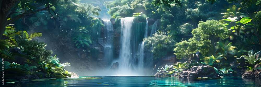 Fototapeta premium Photo realistic hidden oasis in tropical rainforest: Stunning waterfall amidst vibrant lush vegetation