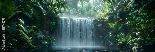 Photo realistic Rainforest Waterfall Oasis  Hidden tropical oasis with stunning waterfall and lush vegetation in a vibrant and enchanting setting