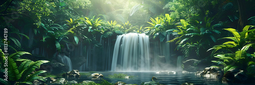 Hidden Oasis: Serene Waterfall in Vibrant Rainforest Landscape Photo Realistic Tropical Oasis Concept