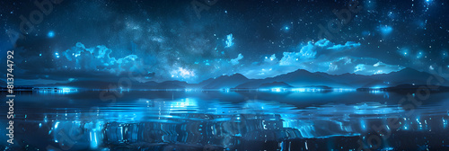 Magical Bioluminescent Reflections: Calm Waters Mirroring Glowing Night Sky Stars Photo Realistic Visual in Adobe Stock