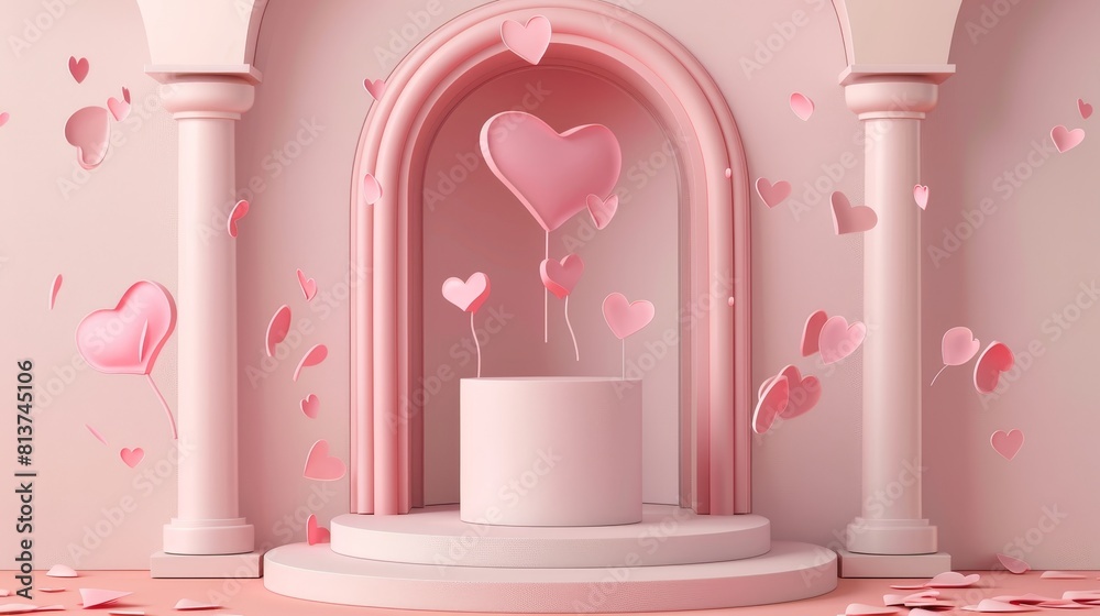 Heart shape and cylinder product podium on pink background for Valentine Day congratulation or sale promo banner. Realistic, 3D modern background with love and romantic symbol.