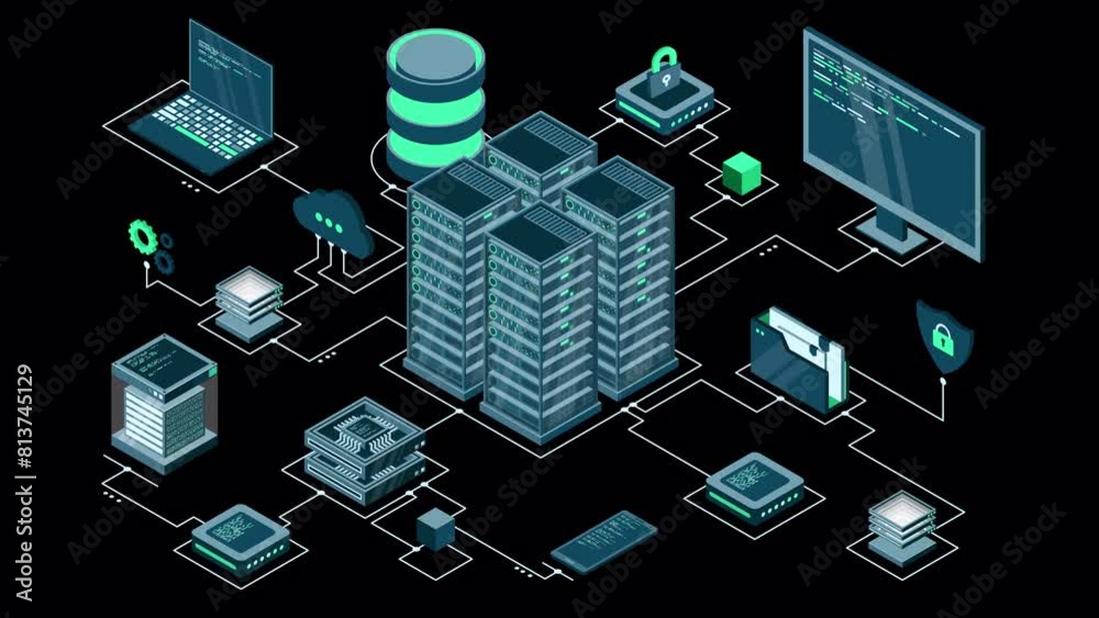 Isometric computer technology animation. Computation of big data center. Cloud computing. Online devices upload and download information. Transparent background with alpha channel